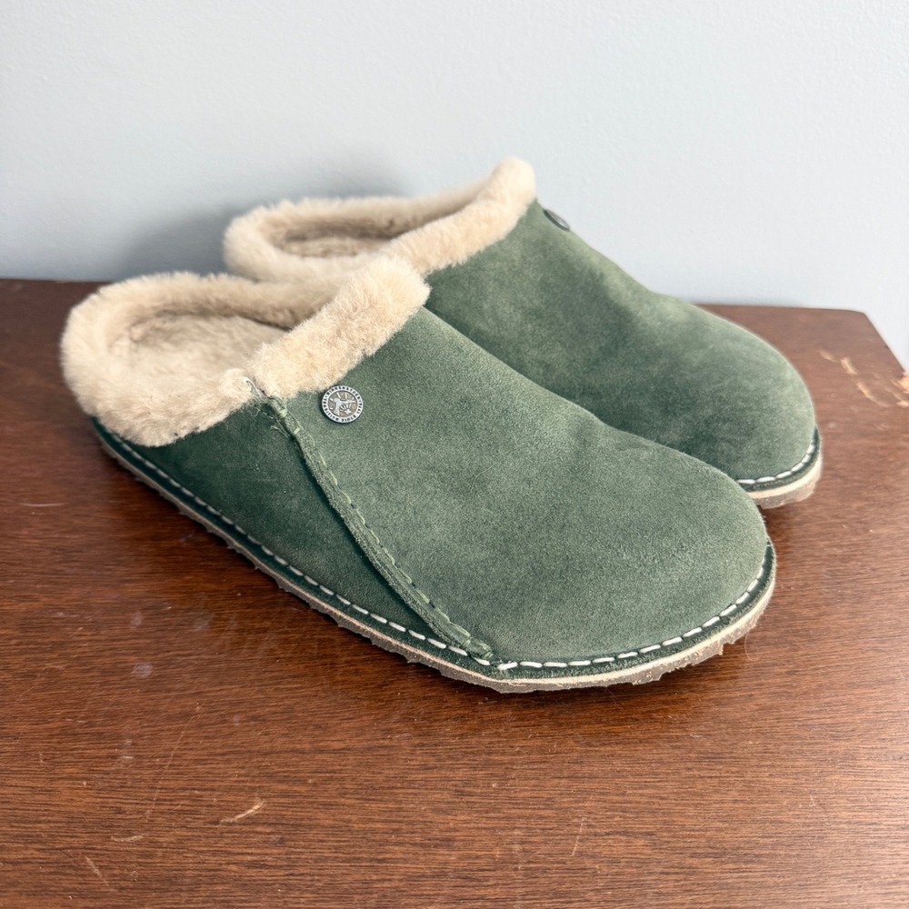 Birkenstock Zermatt Clogs Sz 40 L9 M7 Green Suede Shearling Slipper Mules Cozy